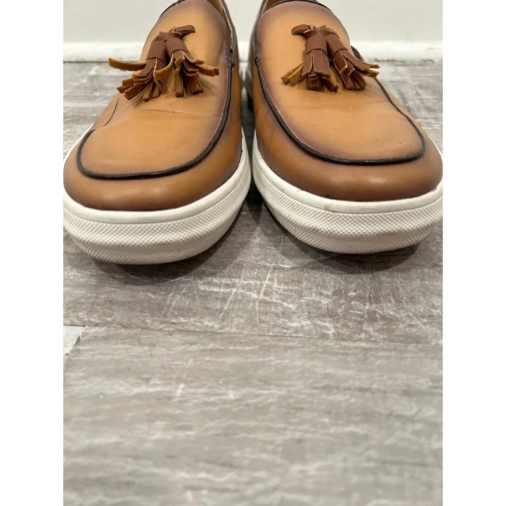 Tassel Loafers Mens Size 44 Brown Leather Slip On Burnished Sneaker Sole